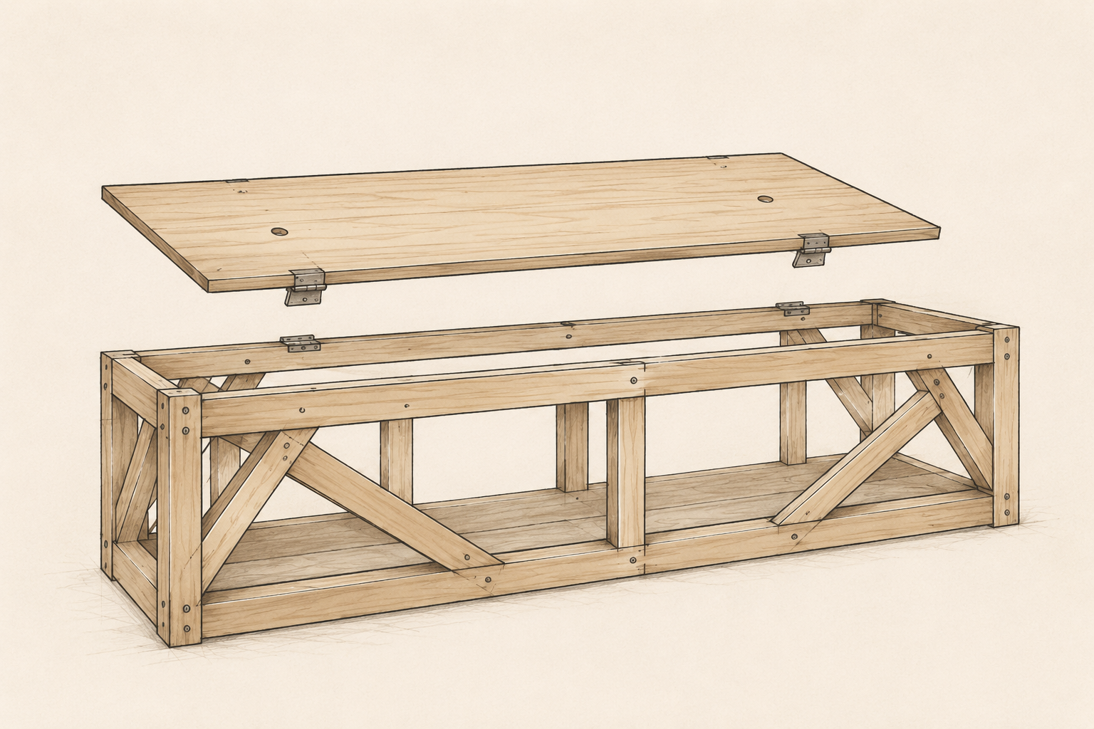 Bench construction drawing — truss skeleton with hinged lid